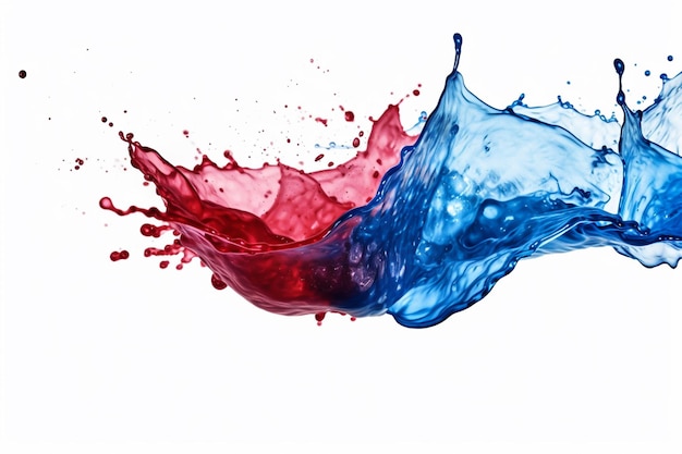 빨강 및 파랑 물 색 액체 또는 격리 된 흰색 배경에 요구르트 스플래시