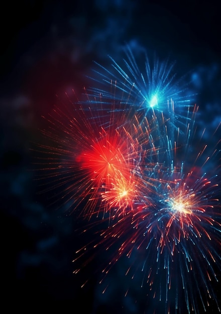 A red, blue and white fireworks is lit up in the night sky.