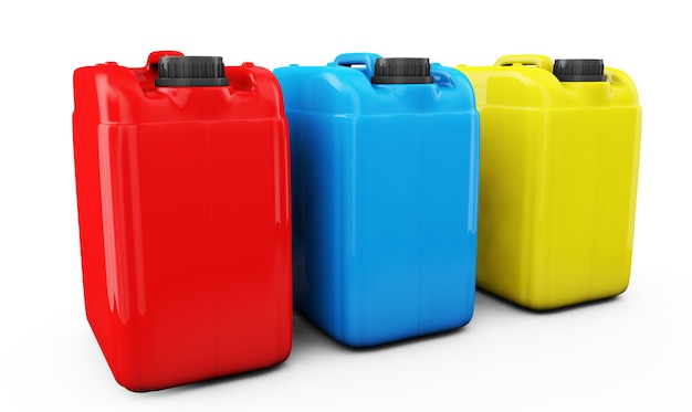 Photo red blue and yellow jerrycan isolated on white background 3d render