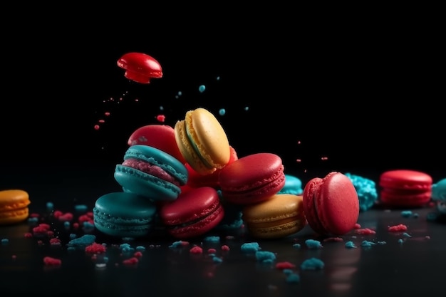 Red, blue and yellow macaroons are falling on a black background.