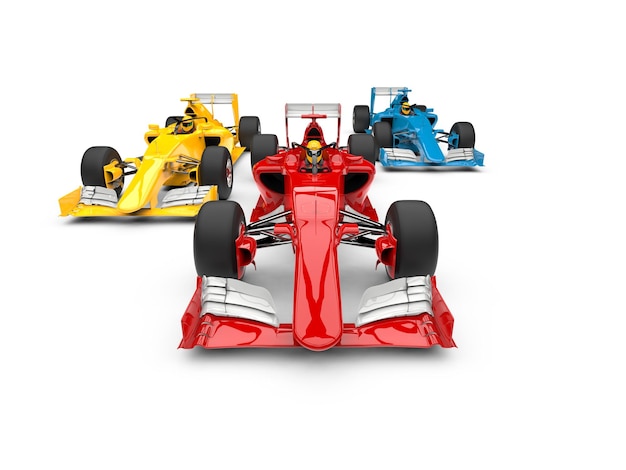 red blue and yellow super fast race cars