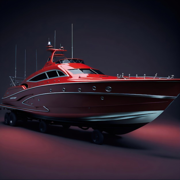 A red boat is parked in a dark room.