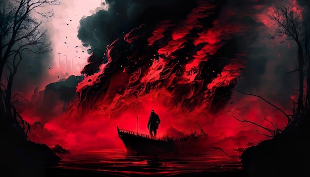 A red boat with a man on it in the middle of a raging fire