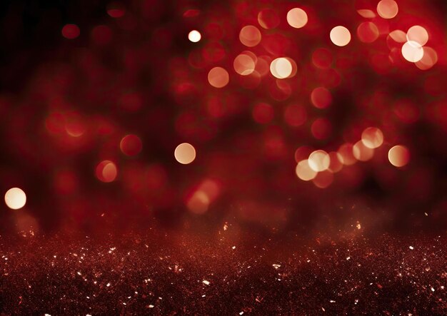 a red bokeh background with lights in the style of dark bronze and black