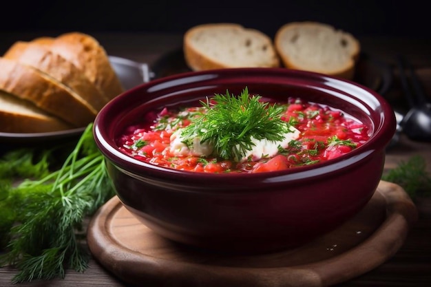 Red borscht in a gray clay bowl Tomato soup borsch Wooden background Healthy vegetarian and vega
