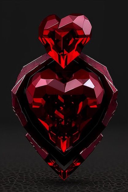 A red bottle of perfume with a heart shaped gem on it.