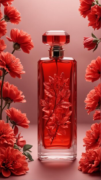 Photo a red bottle of perfume with red flowers in the background