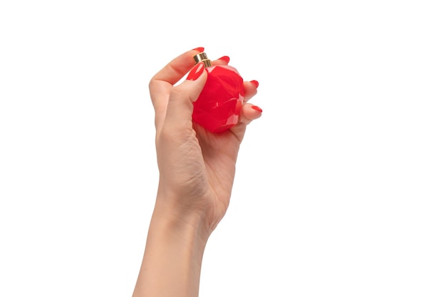 흰색 배경에 고립 된 빨간 손톱으로 여자 손에 향수의 빨간 병