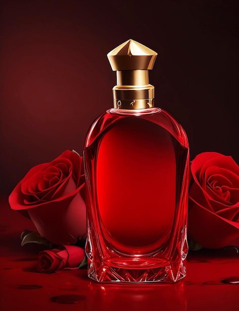 Red bottle with perfume on a reflective background 3D render