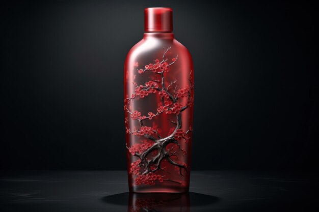 A red bottle with a tree design on it
