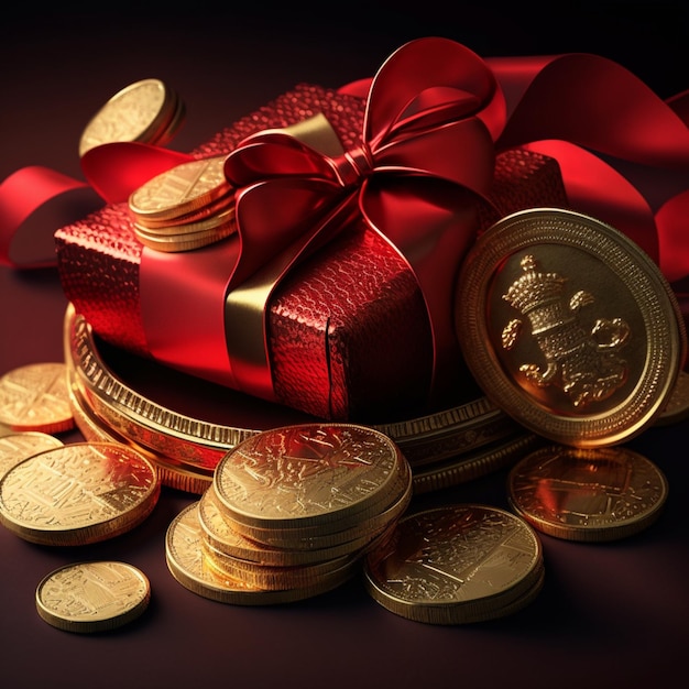 A red bow is tied to a box with gold coins and a red bow.