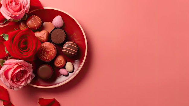 A red bowl of chocolates with a red heart on the left side.