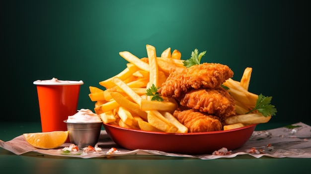 A red bowl filled with crispy french fries sits beside a cup of vibrant ketchup