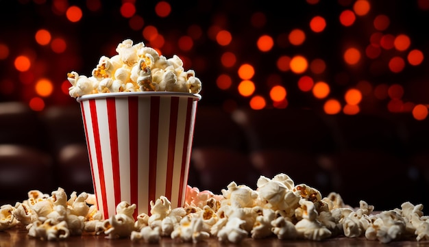 Red bowl full of popcorn on red cinema background for film tv television watching concept of movie