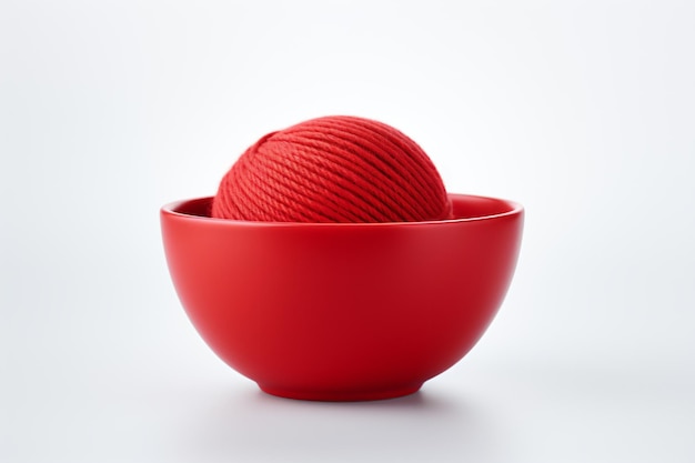 a red bowl with a ball of yarn in it