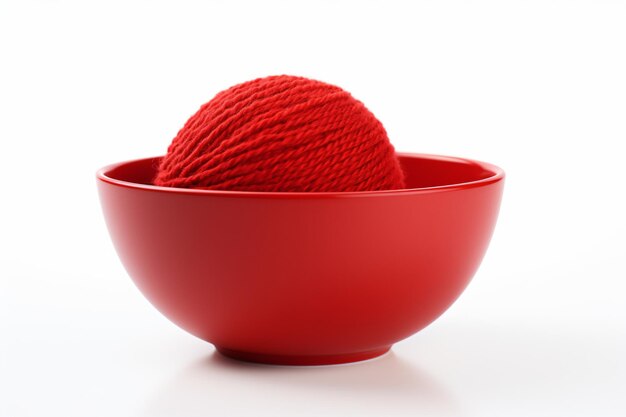 a red bowl with a ball of yarn in it