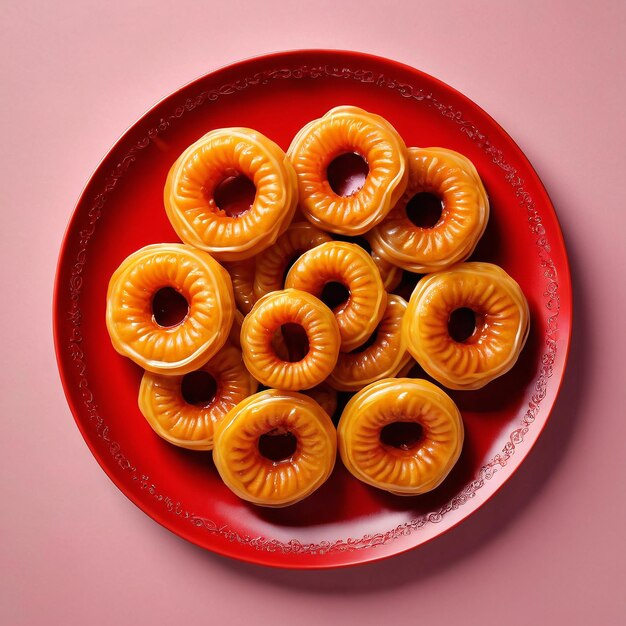 a red bowl with donuts on it and a red bowl with a label that says  donuts  on it