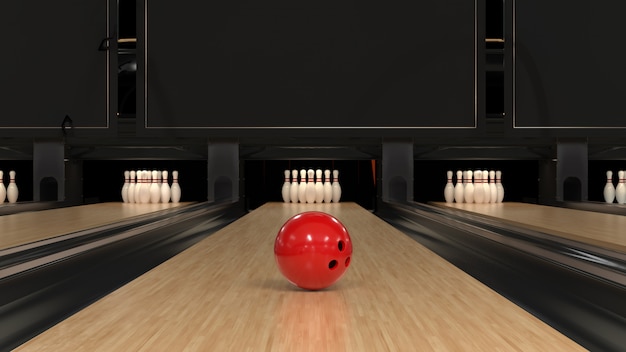 Palla da bowling rossa su una pista di legno con perni