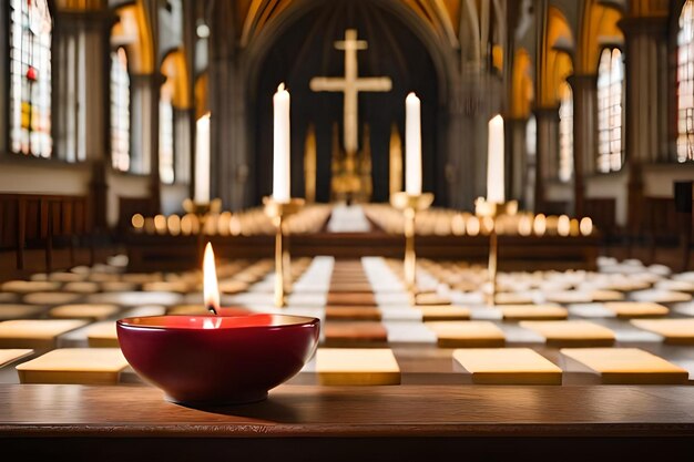 Foto ciotole rosse con candele in una chiesa con una croce sullo sfondo