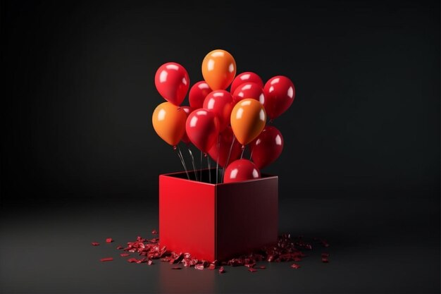 A red box with a bunch of balloons in it and a bunch of roses on the bottom.