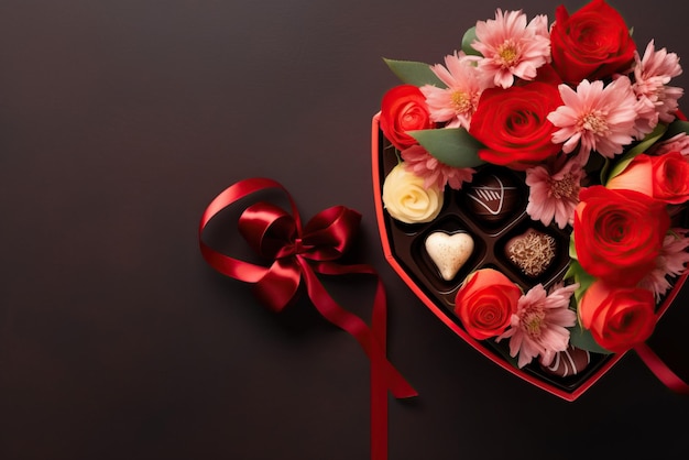 Red box with delicious chocolate flowers and ribbon on dark background copy space Valentine's Day