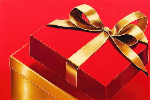 A red box with a gold ribbon and a bow.