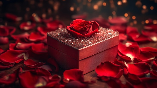 Красная коробка с лепестками роз на темном фоне.