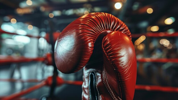 Red boxing glove in a close up view set against the backdrop of a boxing ring