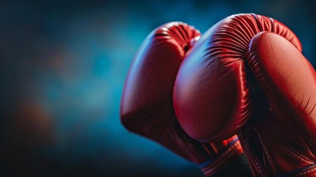 Red boxing gloves in a close up shot with a dark backdrop conveying the intensity of