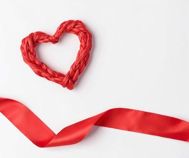 Foto cuore intrecciato rosso e nastro di seta contorto su sfondo bianco