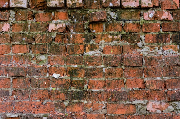 Red brick background. Old, ruined street wall.