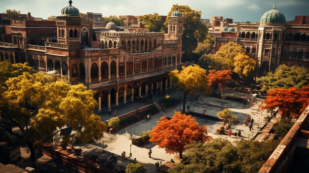 Photo red brick building in the city with trees