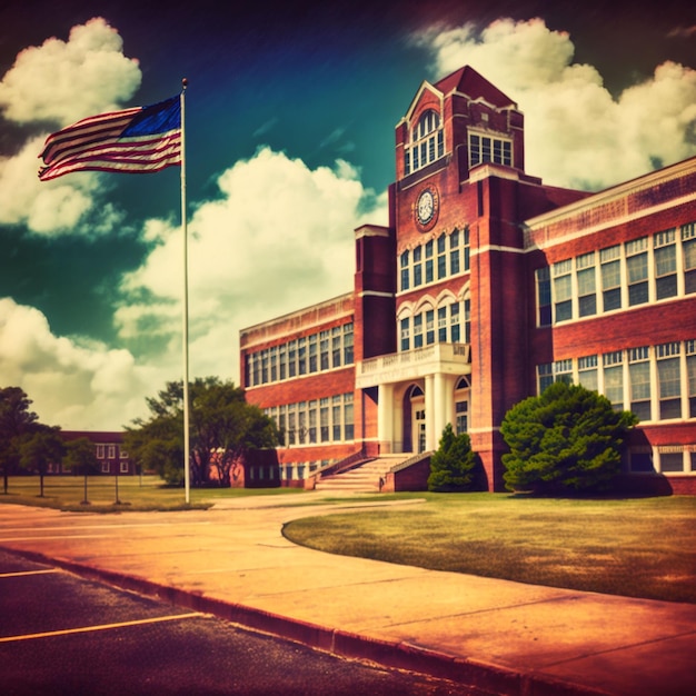 A red brick building with a flag on the front