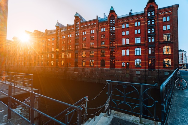 A red brick multistorey houses of Speicherstadt Hamburg Famous landmark of old red brick