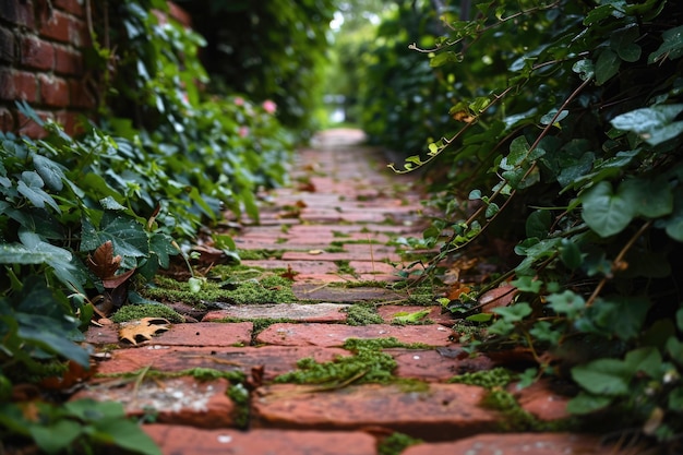 Photo red brick pathway landscaping and garden design with nature elements