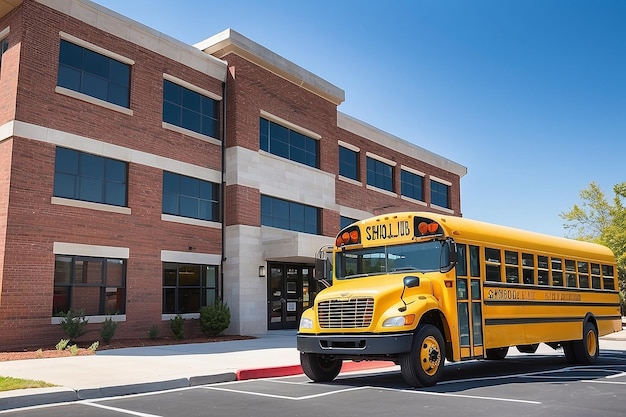 사진 앞 에 노란색 학교 버스 가 있는 은 벽돌 학교 건물 이 학생 들 을 집 으로 운반 하거나 집 에서 내리도록 준비 되어 있다
