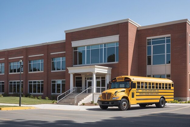 Red Brick School Building with Yellow School Bus at the front ready for transporting students to home or drop off