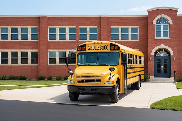 앞 에 노란색 학교 버스 가 있는 은 벽돌 학교 건물 이 학생 들 을 집 으로 운반 하거나 집 에서 내리도록 준비 되어 있다
