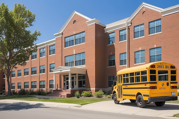 Photo red brick school building with yellow school bus at the front ready for transporting students to home or drop off