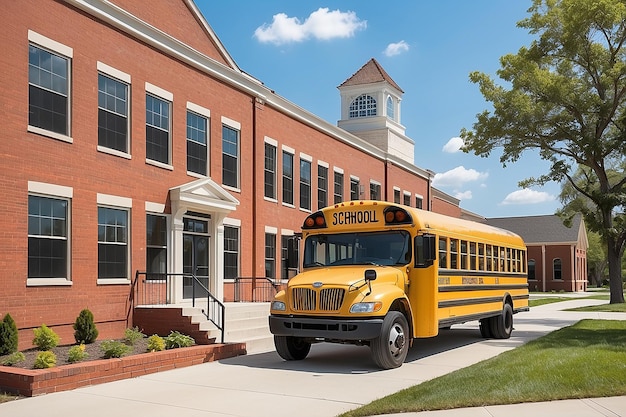 Red Brick School Building with Yellow School Bus at the front ready for transporting students to home or drop off