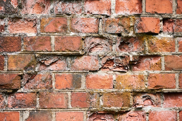 Red brick wall of old building, red brick texture, reliable brickwork masonry with bricklayer, bricks and mortar. Broken red brick building construction background