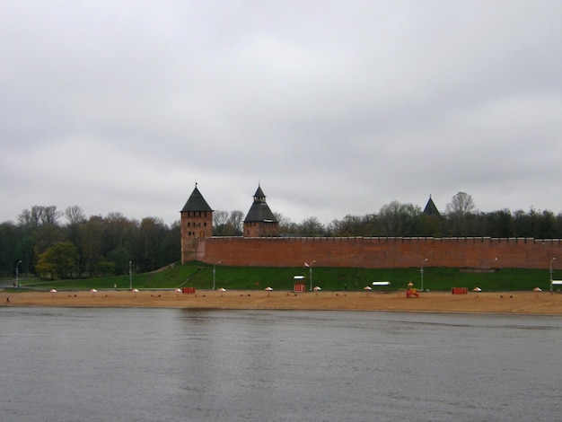 Red brick walls and towers of the Detinets fortress Novgorod Kremlin Velikiy Novgorod