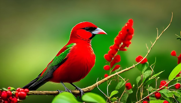 Photo red brid bright green background