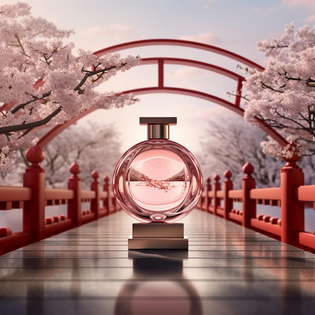 a red bridge with a bottle of perfume in front of it.