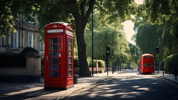 Red British phone booth in the street