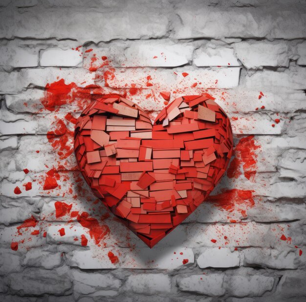 Photo red broken heart on brick wall background 3d render illustration