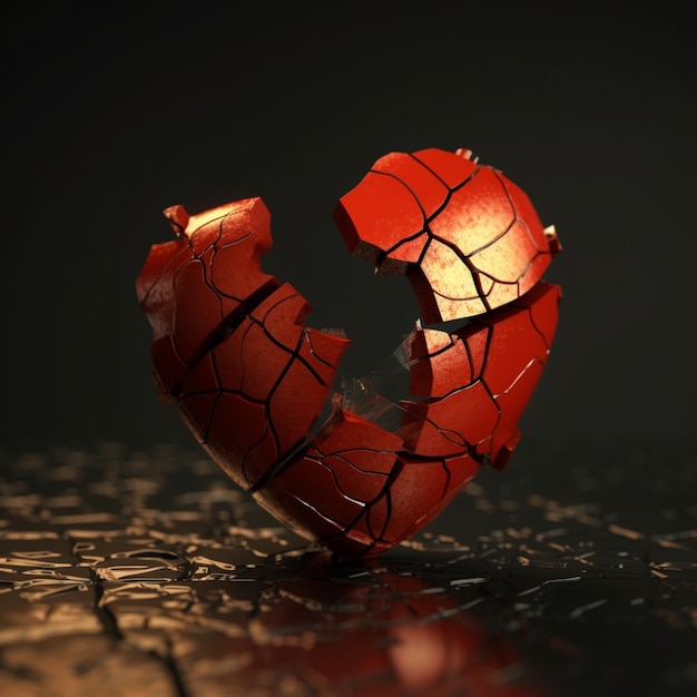 A red broken heart is on a black background with a black background.