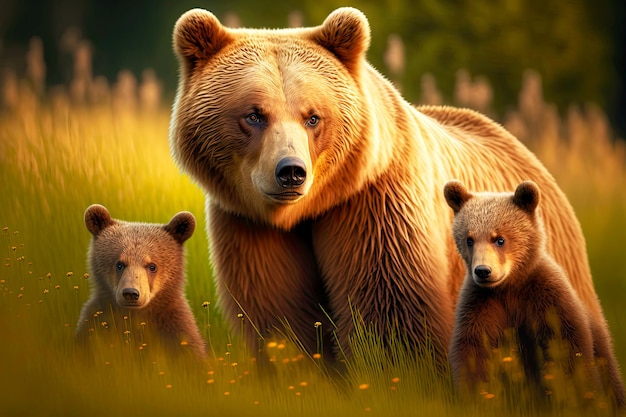 Red brown bear with cubs in forest clearing in summer