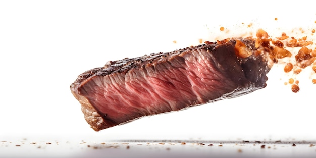 A red brown beef steak is shown on a white background