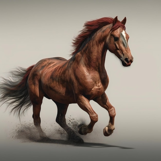 Красно-коричневая лошадь, бегущая по грязи, фотографирует серый фон